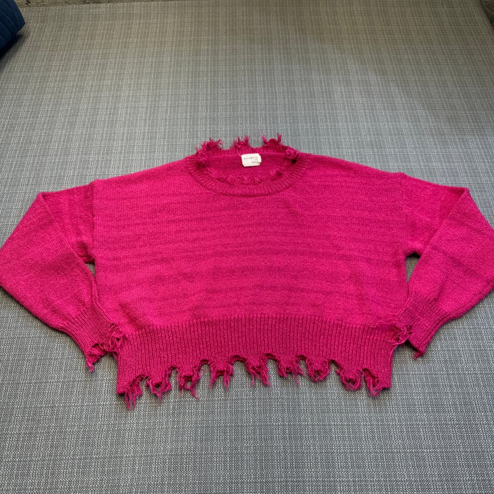 Grunge Y2K Distressed Sweater XS Pink Cropped Oversize Indie Raw Hem‎